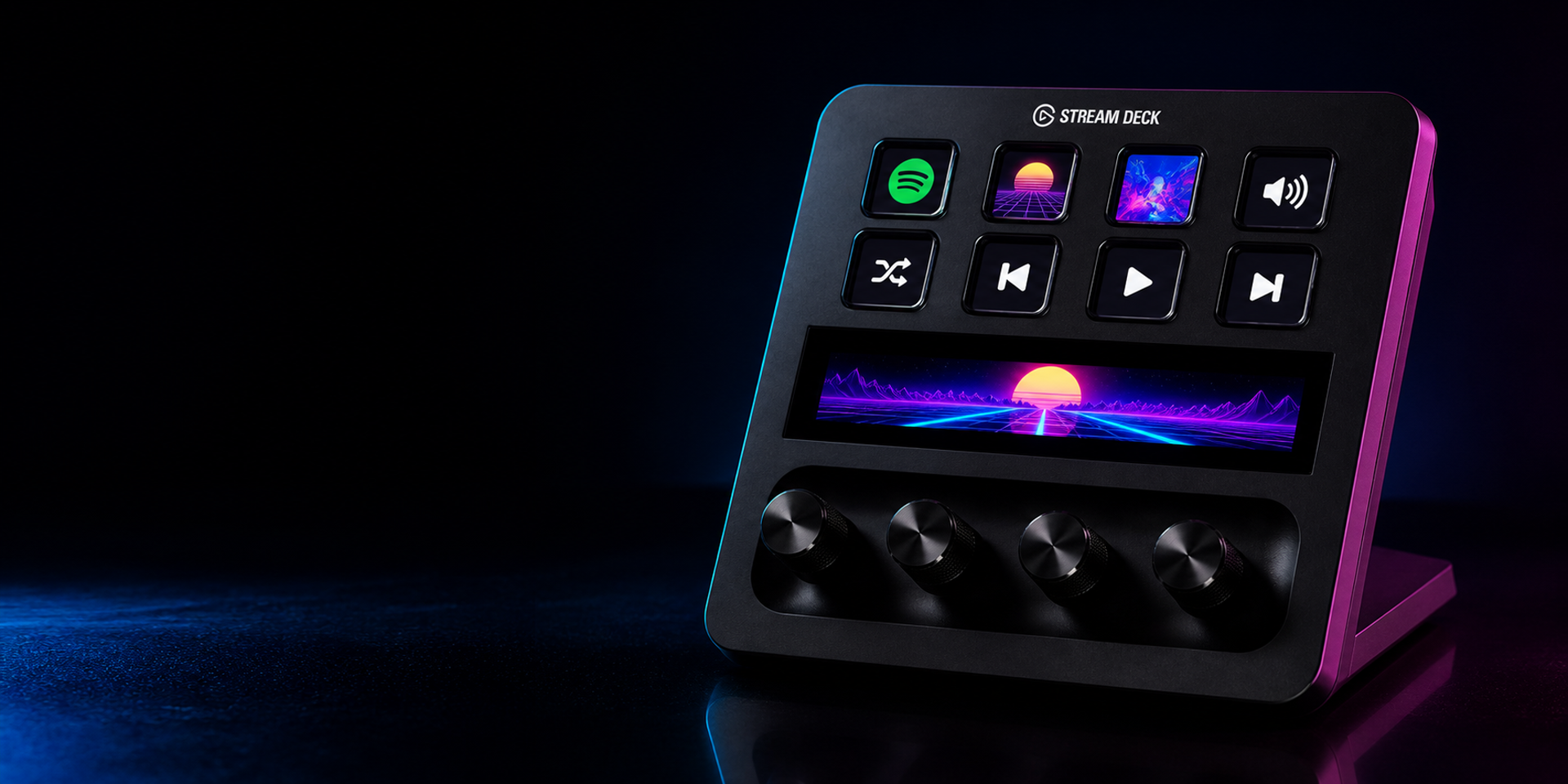 Stream Deck Plus running PrismBeat with Spotify controls and the Outrun visualiser